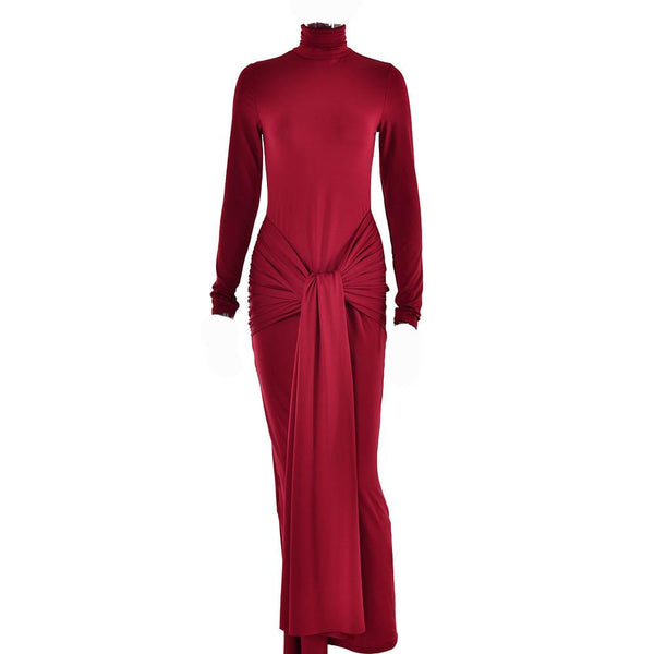 Ruched solid long sleeve turtle neck self tie maxi dress  | red tango dress