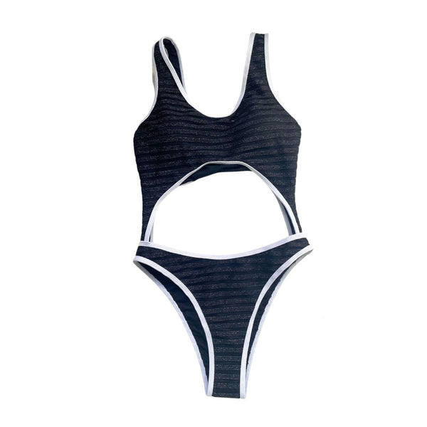 Maillot de bain une pièce sans manches à rayures contrastées et ajourées