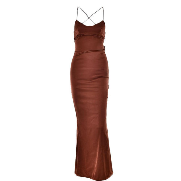 Robe longue en satin uni à lacets et col en V croisé dans le dos | Robe rave noire | Robe rave noire 
