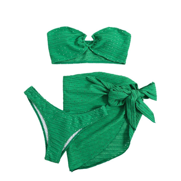 Maillot de bain tube 3 pièces texturé uni à nouer dans le dos