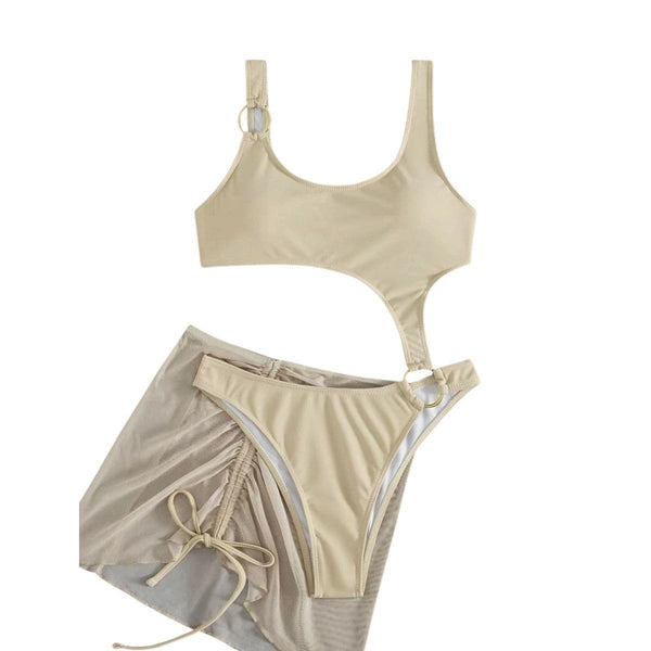 Maillot de bain 3 pièces en maille solide avec cordon de serrage et col en U