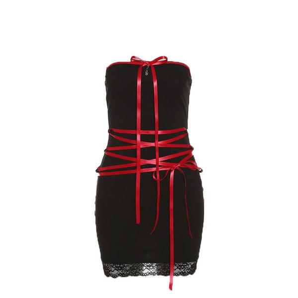 Robe mini tube à lacets contrastés avec ourlet en dentelle et nœud papillon dans le dos 