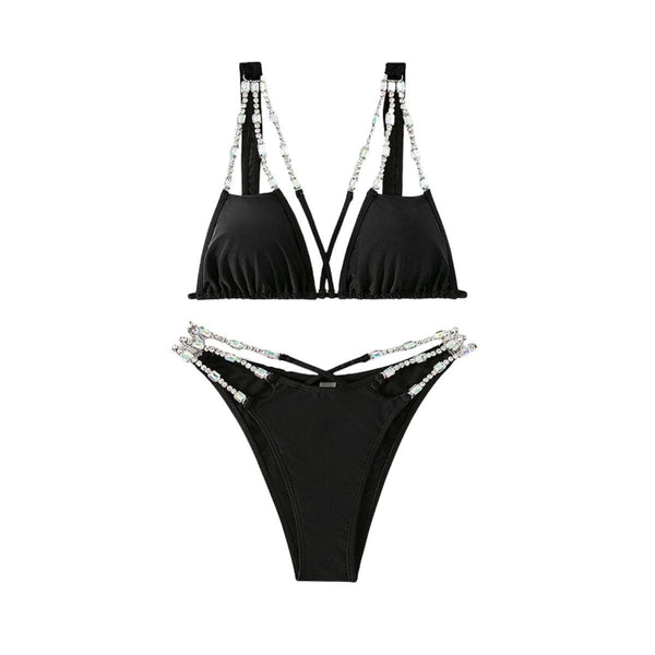 Maillot de bain bikini à nouer avec chaîne en strass et dos nu croisé