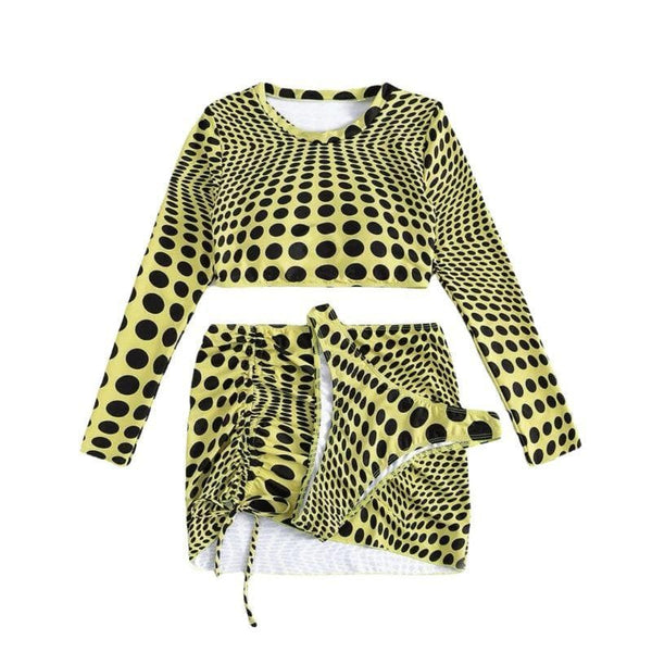 Maillot de bain 3 pièces à pois contrastés, manches longues et cordon de serrage
