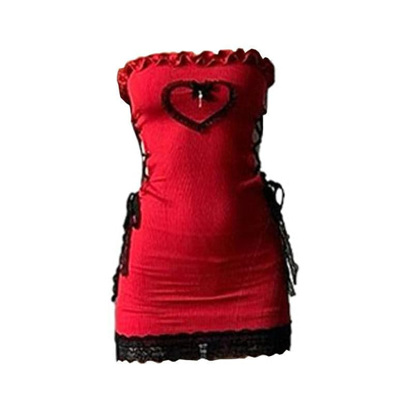 Ruffle bowknot lace up lace hem heart pattern hollow out tube mini dress  | red tango dress