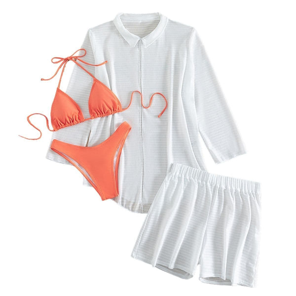 Maillot de bain 4 pièces en mousseline à manches longues et col licou contrasté