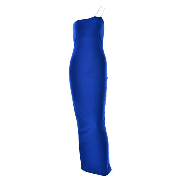 Metal chain one shoulder solid slit maxi dress  | red tango dress