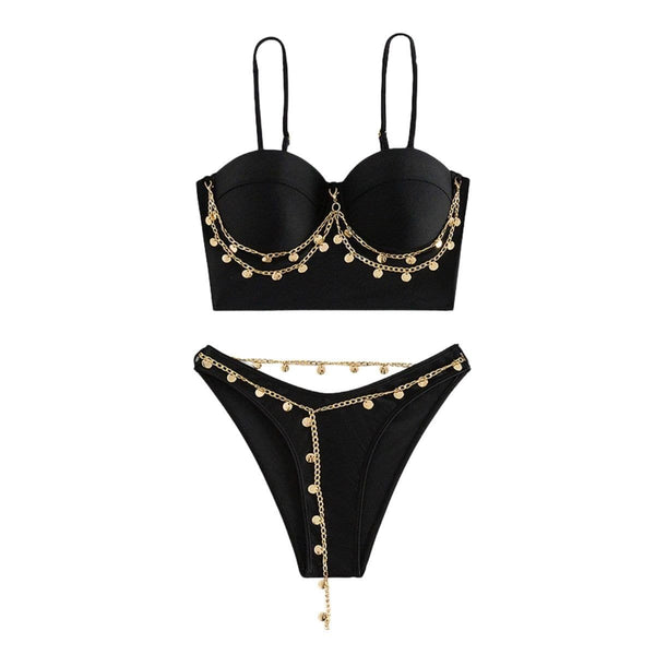 Maillot de bain bikini camisole rembourré à chaîne en métal et col en cœur