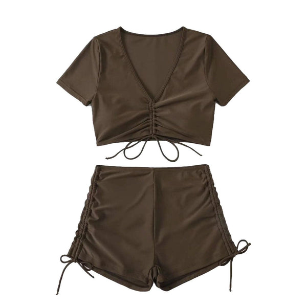 Maillot de bain bikini court uni à manches courtes et cordon de serrage 