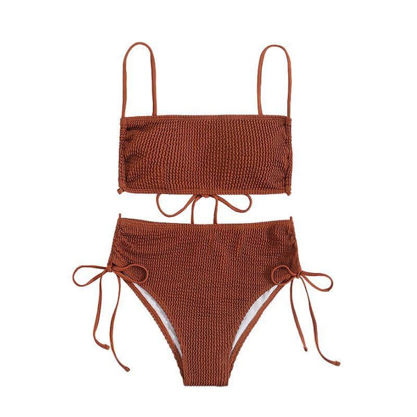 Maillot de bain bikini texturé uni avec cordon de serrage et dos nu