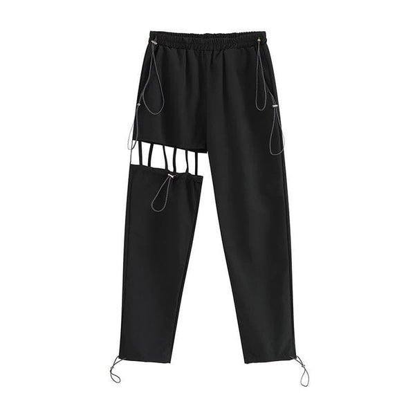 Pantalon cargo taille moyenne uni avec cordon de serrage creux 