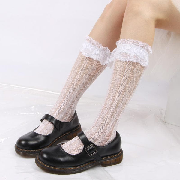 Chaussettes hautes à motif cœur et ourlet en dentelle 