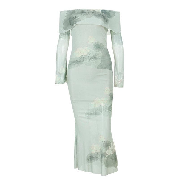 Robe midi à manches longues et épaules dénudées en maille à imprimé floral 