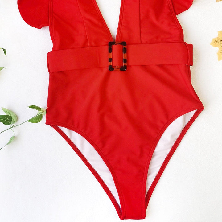 V neck ruffled one piece swimwear - Halibuy