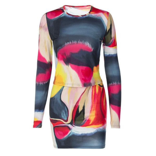 Ensemble mini-jupe à manches longues et col rond tie dye