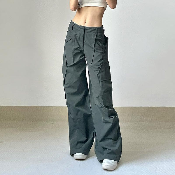 Pantalon large à taille basse avec poches cargo et fermeture éclair solide 