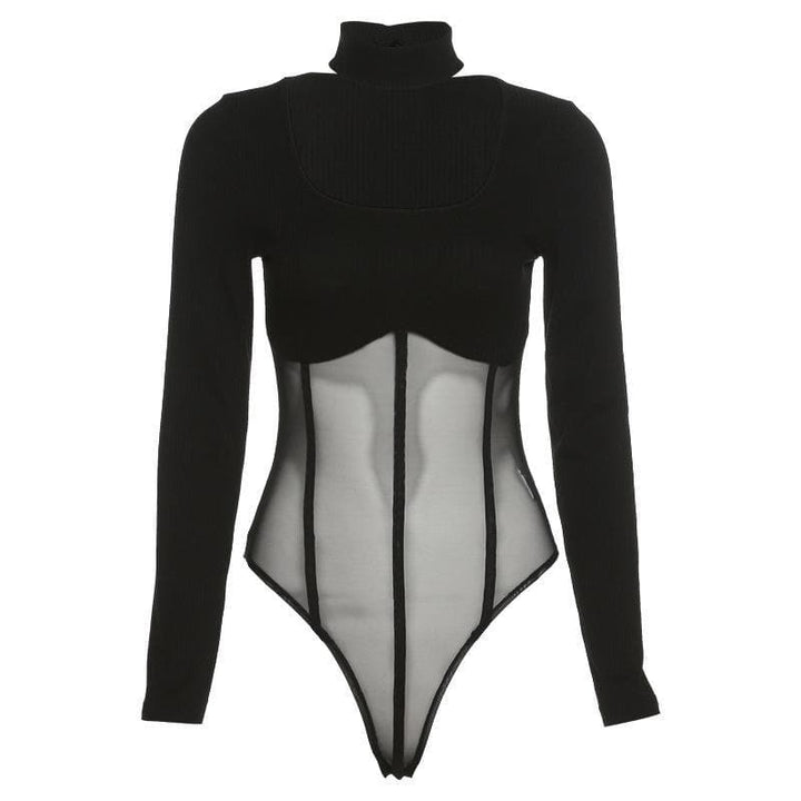 High neck mesh patchwork bodysuit - Halibuy