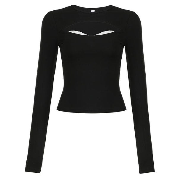 Lace hem hollow out contrast crewneck long sleeve cut out top
