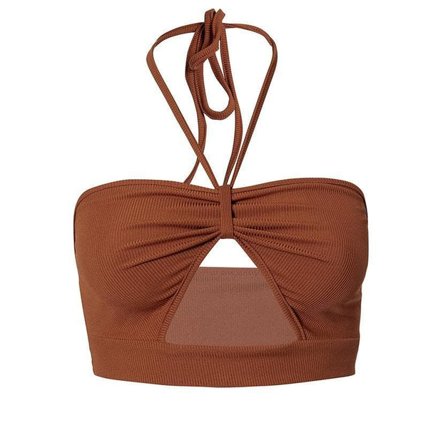 Hollow out ruched halter ribbed crop top - Halibuy