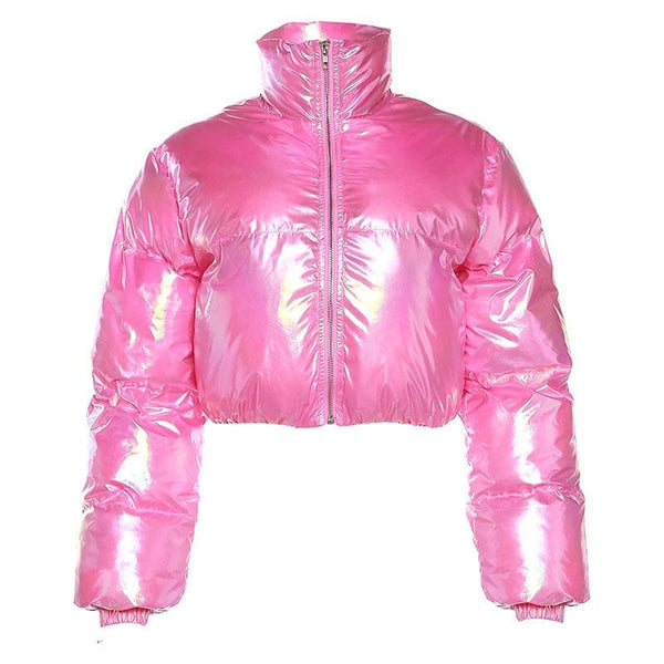 Manteau d'hiver métallique uni à col haut et manches longues avec fermeture éclair