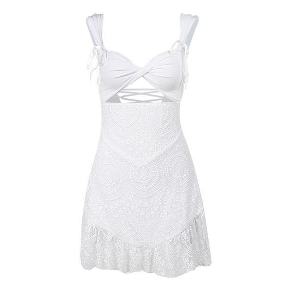 Robe courte texturée à manches courtes nouées, unie, ajourée, à lacets et à volants 