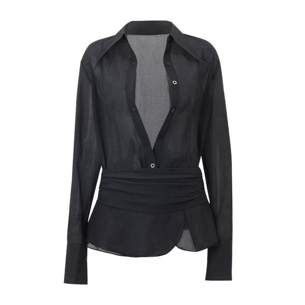Ensemble mini-jupe unie à manches longues et col boutonné