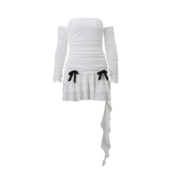 Mini-robe à manches longues, épaules dénudées, nœud papillon froncé, dos nu, volants 