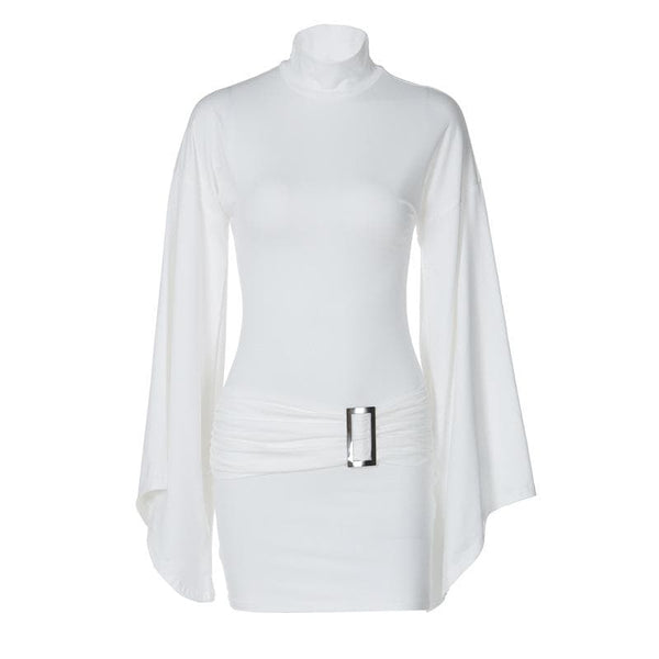 Robe courte unie à manches longues évasées, col haut et boucle froncée 