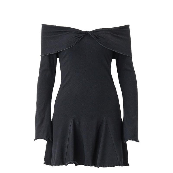 Mini-robe froncée unie à manches longues et épaules dénudées