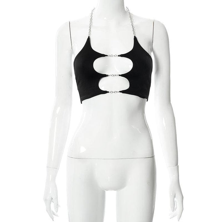 Metal chain hollow out solid crop halter top - Halibuy