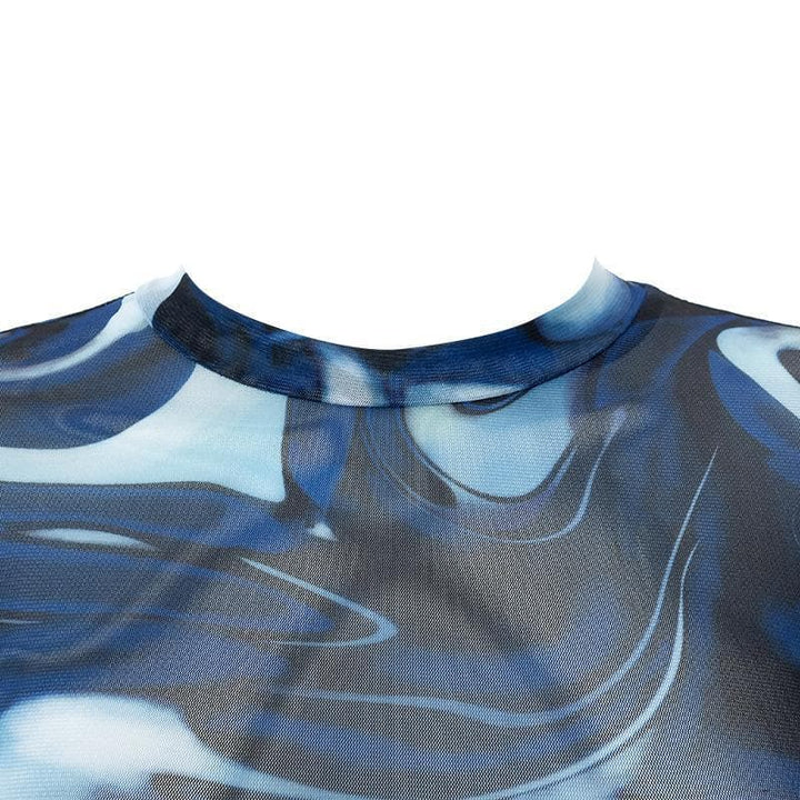 Crewneck mesh see through print long sleeve gloves crop top - Halibuy
