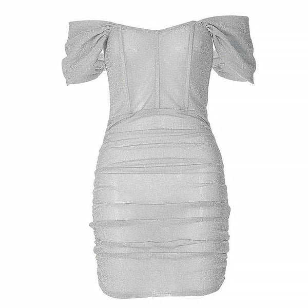 Mini-robe transparente froncée texturée à épaules dénudées avec corset 