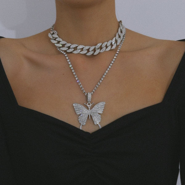 Collier cubain avec pendentif papillon et strass, lot de 2 