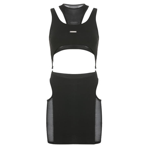 Mesh hollow out metal tag sleeveless 2 piece skirt set
