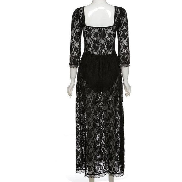 Square neck hem lace slit long sleeve midi dress - Halibuy