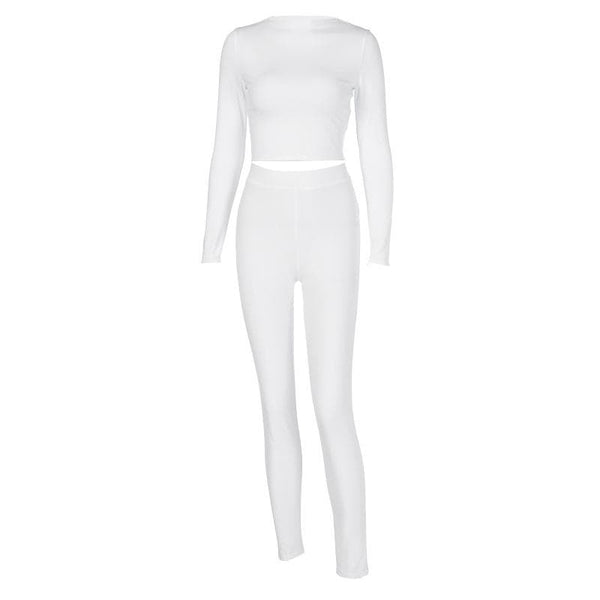 Ensemble pantalon uni à manches longues et col ras du cou