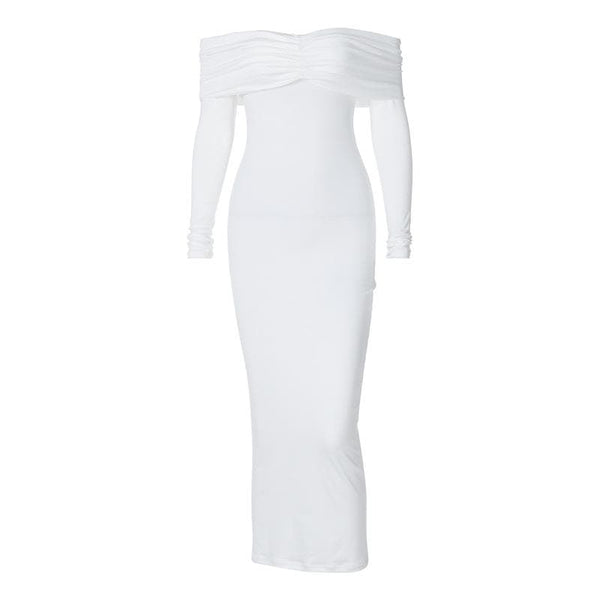 Robe midi unie à épaules dénudées et manches longues, dos nu 