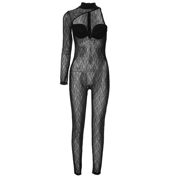 Combinaison à manches longues, asymétrique, en dentelle transparente, unie, col haut, fermeture éclair 