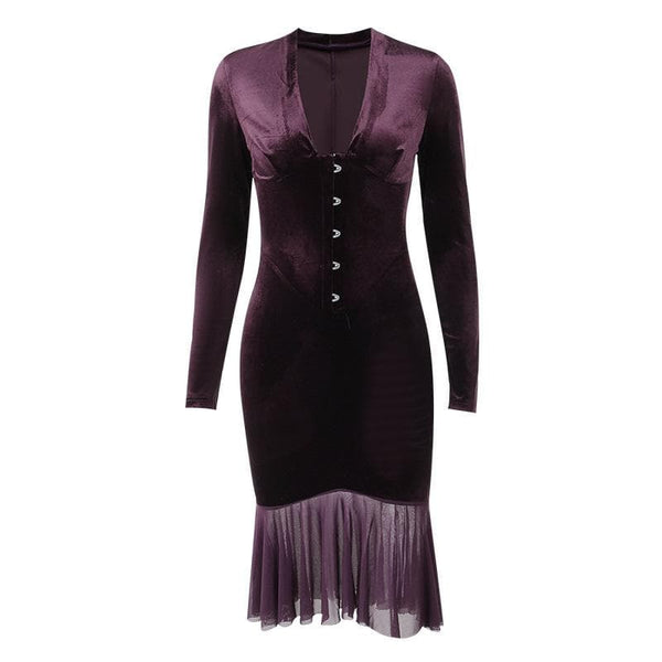 Robe midi unie en velours à volants et manches longues, col en V | Robe de tango rouge 