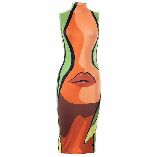 Robe midi contrastée à col haut et sans manches abstraite 