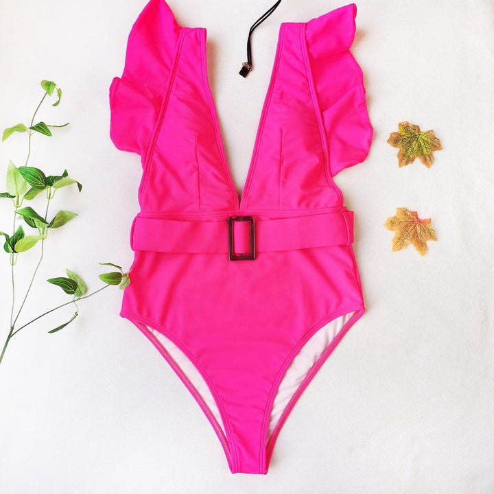 V neck ruffled one piece swimwear - Halibuy