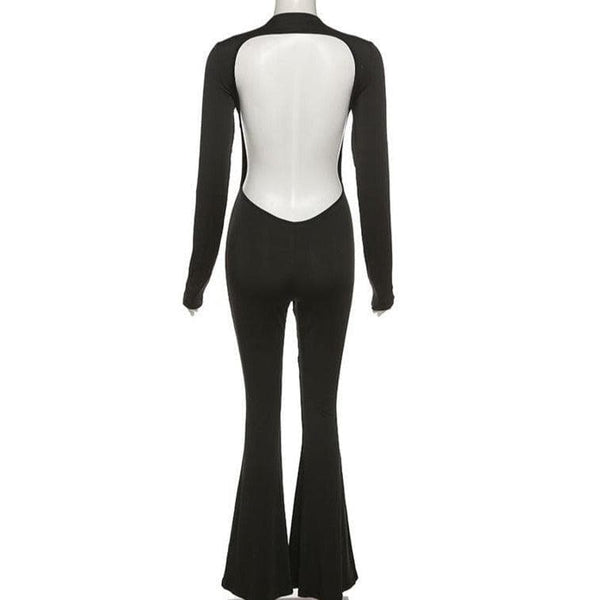 Crewneck lone sleeve open back flared jumpsuit - Halibuy