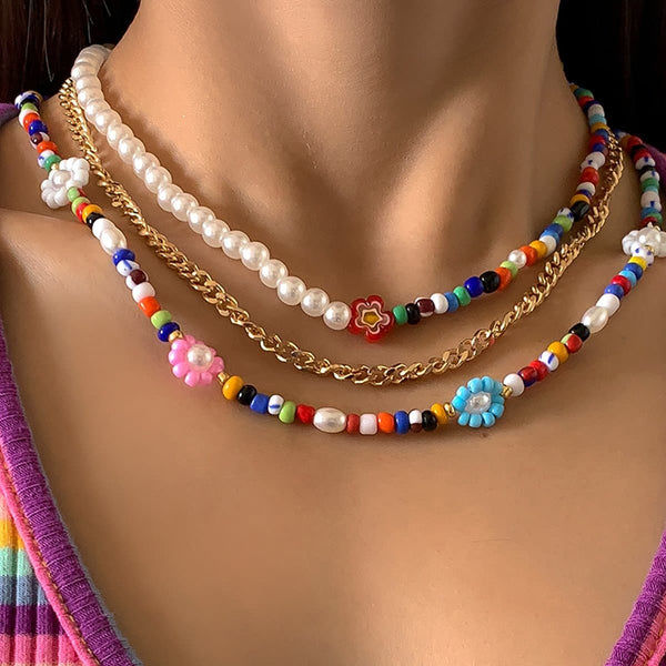 Collier de fleurs en perles d'argile multicolores, 3 pièces 