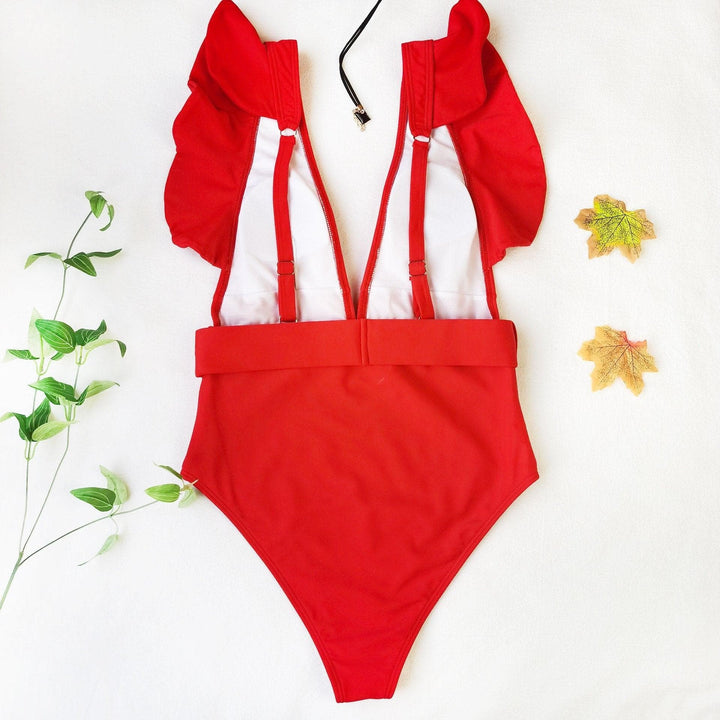 V neck ruffled one piece swimwear - Halibuy