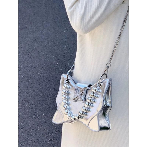 Sac à bandoulière en cuir PU avec perles et appliques papillon