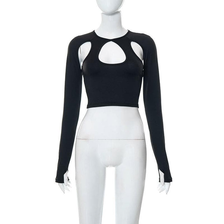 Long sleeve hollow out gloves solid crop top - Halibuy
