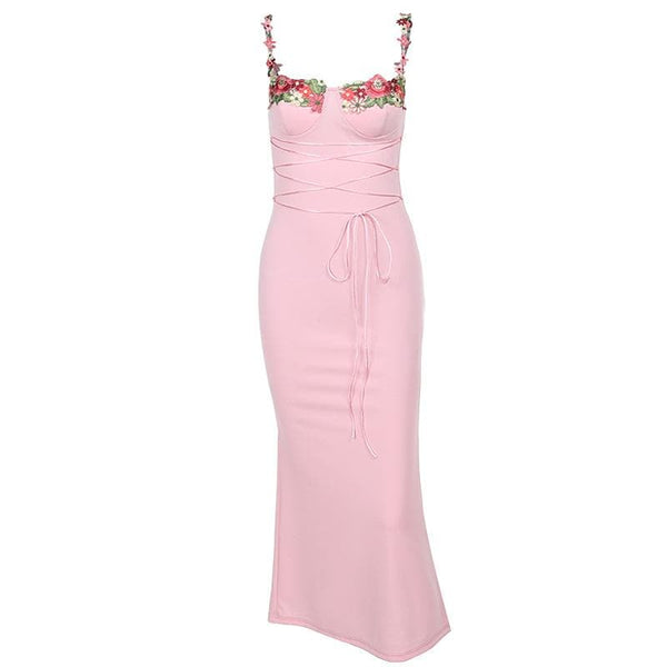 Robe midi sans manches à lacets contrastés et broderie florale 