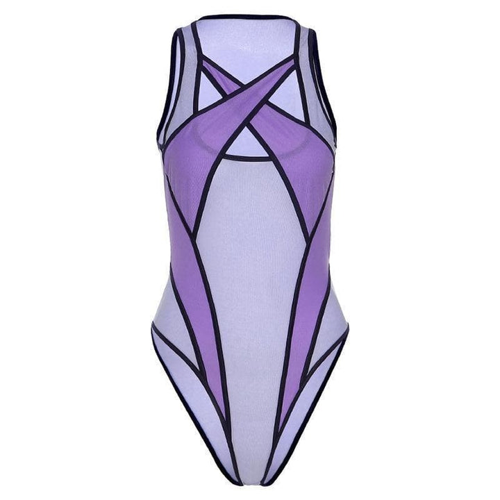 Hollow out patchwork mesh see through bodysuit - Halibuy