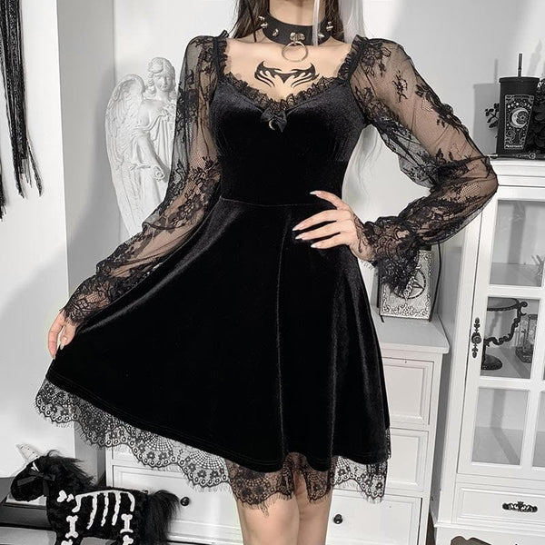 Velvet lace patchwork long sleeve contrast mini dress  | red tango dress