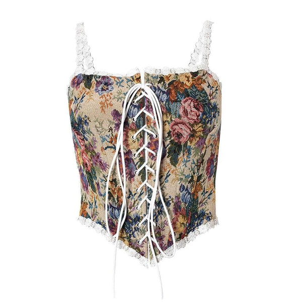 Haut bustier à lacets et broderie florale sur le devant